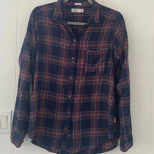 Hollister Navy Blue Long Sleeve Flannel With Red Green Boyfriend Fit M